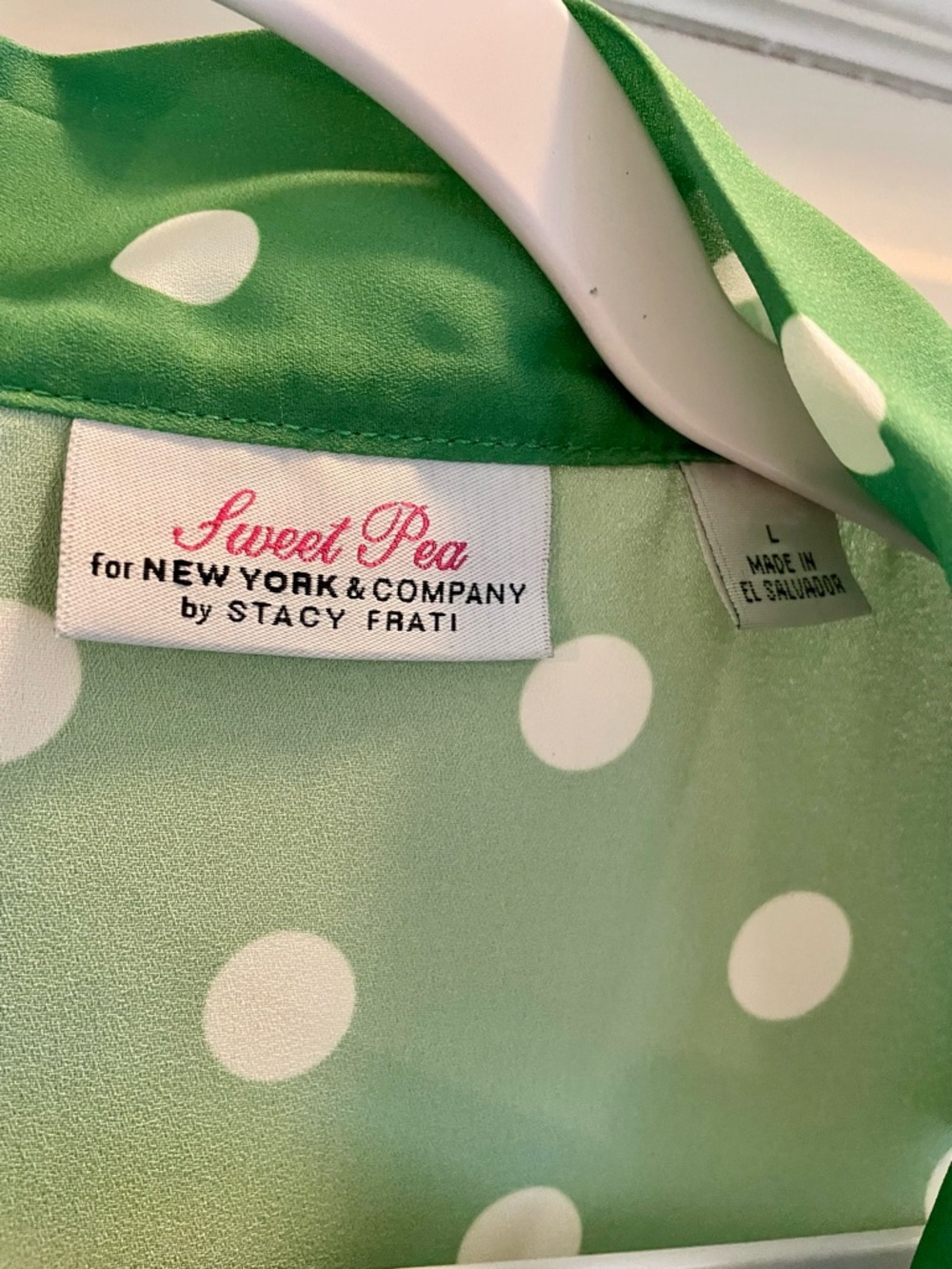 New York & Company Green and White Polka Dot Bow Blouse - Picture 3 of 3